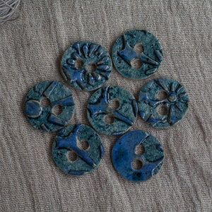7 blue ceramic buttons, set of  buttons, round shaped buttons, sewing accessories, knitting accessories, artisitic ceramic fasteners, 700