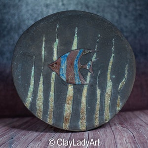 Ceramic wall decor, raku ceramic picture with fish, ceramic tile, art tile, wall decoration, round ceramic tile, handmade tile, 229