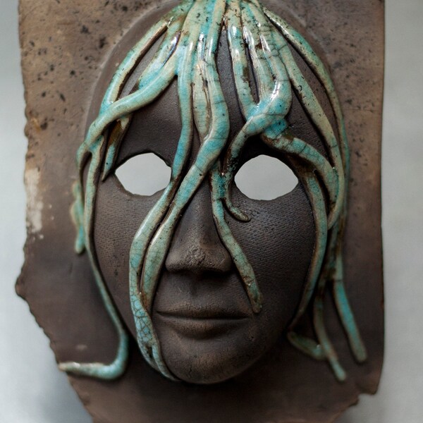 Ceramic mask, raku ceramic mask, ceramic sculpture, raku sculpture, ceramic wall decoration, ceramic home decor, ceramic face mask, OOAK