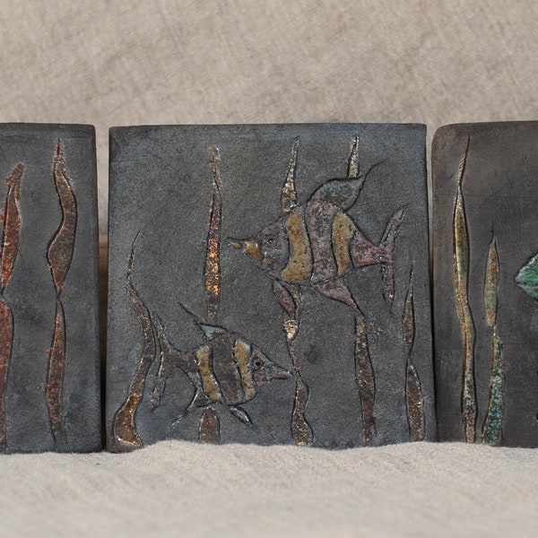 3 carreaux d'art en céramique raku, décoration murale, décoration de chambre, décoration intérieure, images en céramique raku, carreaux de céramique carrés, carreaux de céramique faits à la main, 679