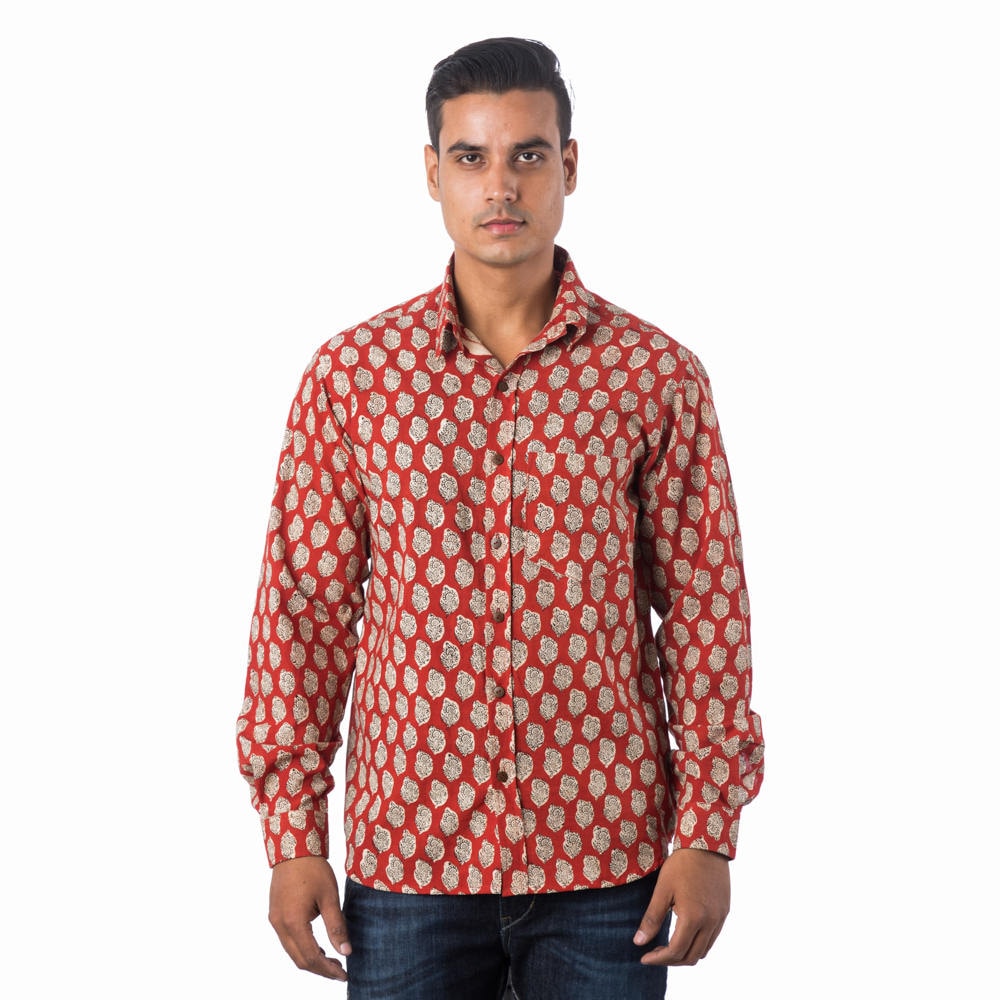 Men's Full sleeves Indian Red Printed Cotton Casual Shirt Etsy
