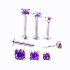 20g 18g TITANIUM THREADLESS ~PURPLE~ Prong Setting~ Cartilage Triple Forward Helix Tragus Nose Nostril Lobe Earring ~1 Stud