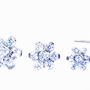 May include: A pair of silver stud earrings with a flower design. Each earring features a central round stone surrounded by smaller stones.