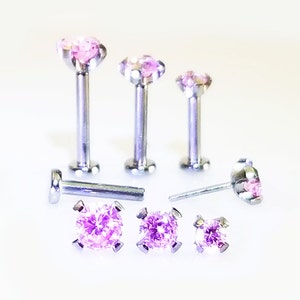 20g 18g 16g TITANIUM THREADLESS Push Pin Stud~Lt Pink Prong Setting~ Small Flat Back Disc Cartilage Forward Helix Tragus Nose Earring~1 Stud
