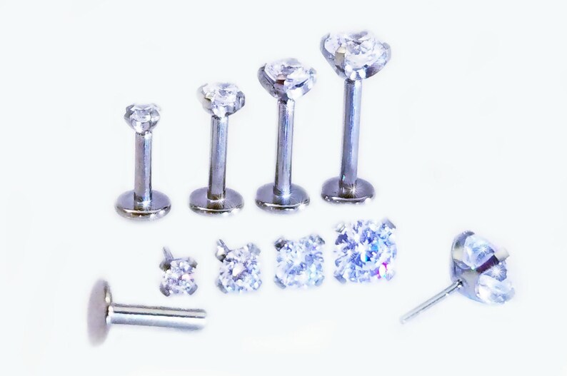 16g TITANIUM Threadless Push Pin Stud Clear Gem Prong - Etsy España