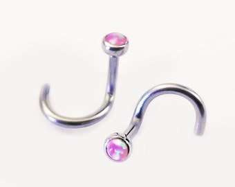 18g PINK OPAL Custom Length Nose Screw~ 4, 5, 6, 7 or 8mm Length ~ Left or Right Bend ~ Surgical Steel Nostril Body Jewelry Piercing ~1 Stud
