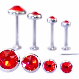 May include: A set of seven red crystal nose rings in various sizes. The rings are made of surgical steel and have a flat back.