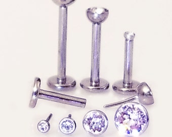 20g 18g 16g TITANIUM Threadless 5-11mm Post w/4mm Back Labret Medusa Lip Cartilage Helix Earring Clear Gem Metal Sensitive No Nickel ~1 Stud