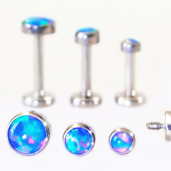 16g MYSTIC BLUE OPAL~Flat Back 4mm- 19mm Length Post~Internally Threaded Steel Labret Medusa Monroe Lip Ring Cheek Dimple Bar Earring~1 Stud