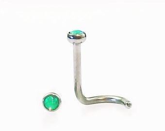 18g Lt GREEN OPAL Custom Length Nose Screw~ 4, 5, 6, 7 or 8mm Length ~Left or Right Bend~ Surgical Steel Nostril Body Jewelry Piercing Stud