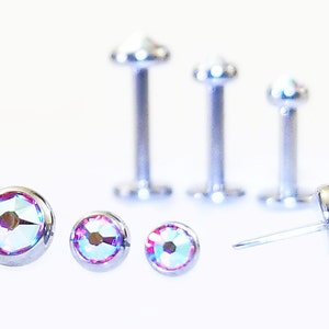 16g Threadless Titanium~ HOT PINK AURORA Flat Back Gem~ Push Pin In Labret Medusa Lip Cartilage Helix Jewelry Metal Sensitive Earring~1 Stud