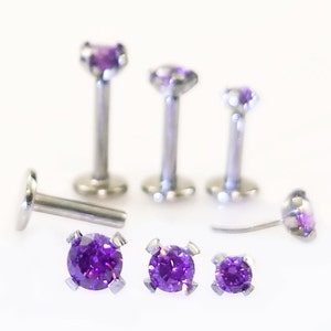 16g TITANIUM THREADLESS Push Pin Stud~ PURPLE Gem Prong Setting~Custom Labret Lip Medusa Monroe Helix Cartilage Lobe Piercing Jewelry~1 Stud