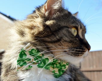 Four leaf clover cat collar, St. Patricks Day cat collar with bow, cat bow tie collar St. Patricks Day, kitten bow, kitten collar, cat lover