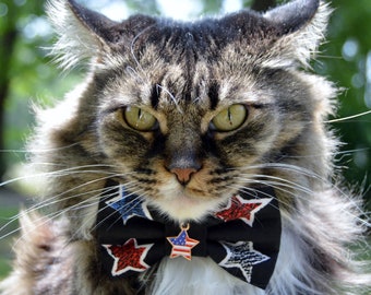 4th of July cat bow tie collar, Patriotic cat collar and bow tie, patriotic kitten bow tie collar, Patriotic Cat, American flag cat bow tie