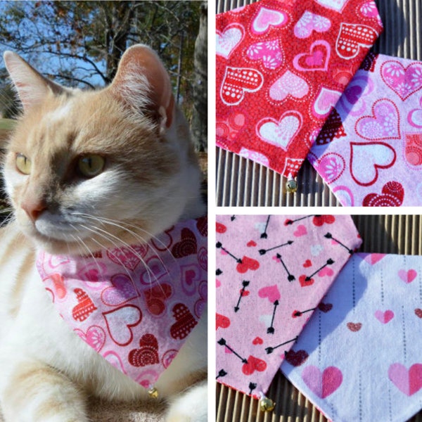 2 Valentines Day cat bandanas, Set of 2 Reversible slip over collar cat Bandana, Valentines Day, bandana for cat, Valentines Day cat bandana