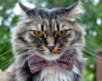 Patriotic cat bow tie collar, fourth of July cat collar with bow, Patriotic Cat costume, holiday cat bow tie collar, 4th of July cat bow tie