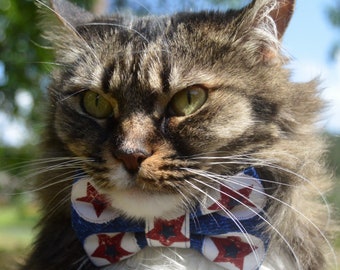 4th of July cat bow tie collar, Patriotic cat collar and bow tie, patriotic kitten bow tie collar, Patriotic Cat costume, USA cat tie collar