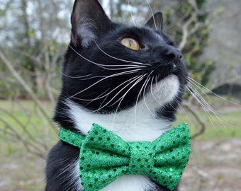 Green sequin cat bow tie collar, Green sequin cat collar, Green cat bow tie, cat collar with sequins, fancy cat bow tie, sparkle cat collar