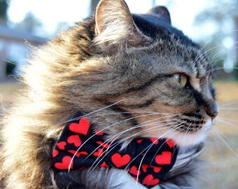 Red heart Valentines cat collar and bowtie, Valentines Day cat collar, kitten bow tie collar for Valentines Day, Valentines Day cat bow tie