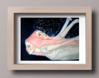 Horror Macabre Surrealism Art Print Oil Painting "Charades" Pink hair, Psychedelic, Conjoined twins, Fantasy, Small Print, Modern