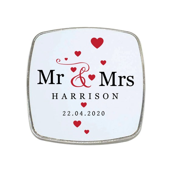 Personalised Mr Mrs Wedding Date Square Magnet Metal Framed