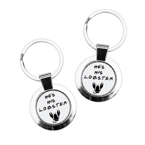 He&#39;s His Lobster Set - Friends Inspired -  Metal Framed Round Keyring - Gift Box - Couples Gifts