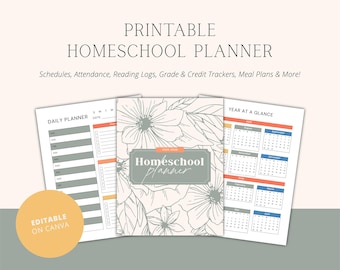 Agenda d'école à domicile modifiable 2026-2027, cahier d'exercices de planification d'école à domicile imprimable pour plusieurs enfants, livre de plans de leçon simple, modifiable sur Canva