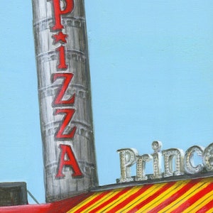 Prince Restaurant, Leaning Tower of Pizza, Art Print of Rt. 1 Sign, Limited Edition Giclee Print of Painting by Debbie Shirley