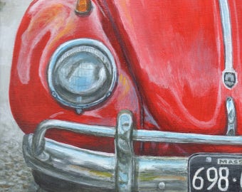 VW Bug, Classic Car Art, Print of a Painting of a Red Beetle by Debbie Shirley