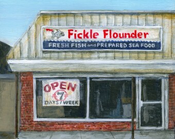 Fickle Flounder - Limited Edition Print of a Painting of a Seafood Restaurant by Debbie Shirley Americana New England