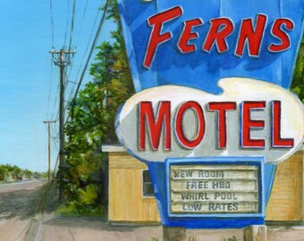 Rt 1 Motel, Ferns Motel, Limited Edition Fine Art Print, Retro Roadside Giclee from an Original Painting by Debbie Shirley