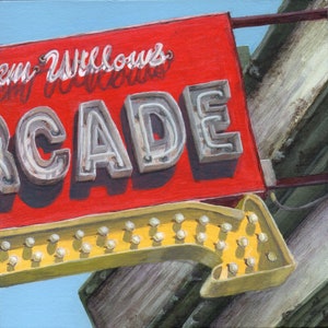 Salem Willows Arcade Sign Art Print, Giclee of Neon Sign from an Original Painting by Debbie Shirley