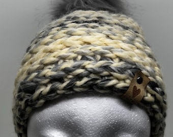 Handmade Gray and Beige Beanie with gray pom pom. New