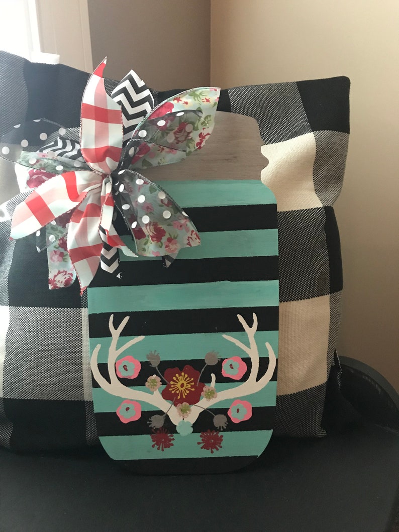 bohemian painted mason jar doorwall hanger with bow and antlers Rustic