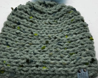 Handmade crochet Beanie. Green with Blue pom pom. NEW