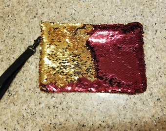 Color Changing Sequin "Iron Man" Burgandy & Gold Handbag Wristlet Purse
