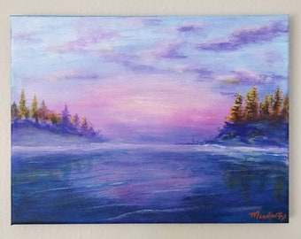 Gentle Morning at a Lake ORIGINAL Acrylic Painting 9x12 (Landscape Painting, Sunrise Painting, Lake Painting, Cabin Art, Anniversary Gift)