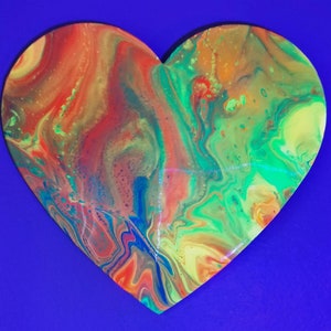 OOPS CLEARANCE | &quot;Heartbeat&quot; - Original UV-Reactive Acrylic Pour Painting, Resin Finish, 12&quot; Heart (Fluid Art, Acrylic Pouring, Blacklight)