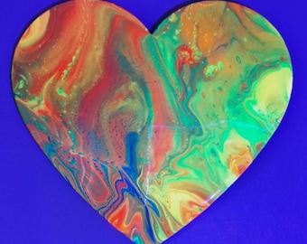 OOPS CLEARANCE | "Heartbeat" - Original UV-Reactive Acrylic Pour Painting, Resin Finish, 12" Heart (Fluid Art, Acrylic Pouring, Blacklight)