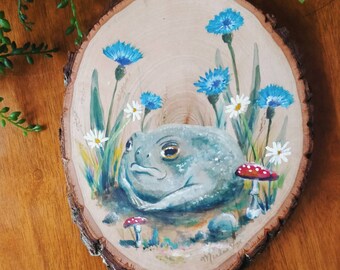 Grumpy Frog and Mushrooms | Hand-Painted ORIGINAL Acrylic Painting on Real Wood Round with Tree Bark | Cottagecore, Fairycore Gift