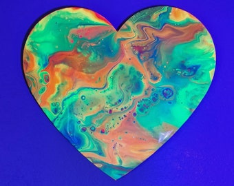 OOPS CLEARANCE | "Tree Frog" - Original UV-Reactive Acrylic Pour Painting with Resin Finish, 12" Heart (Fluid Art, Acrylic Pouring)