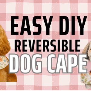 May include: Two dogs wearing reversible capes with floral patterns and bows. The image has the text "EASY DIY REVERSIBLE DOG CAPE" in large, bold letters against a pink plaid background.