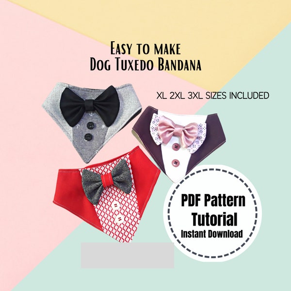 Tuxedo Dog Bandana Large Sizes Pet Tuxedo Wedding Bandana Curved Neck for Larger Dog Digital Sewing PDF Pattern Tutorial