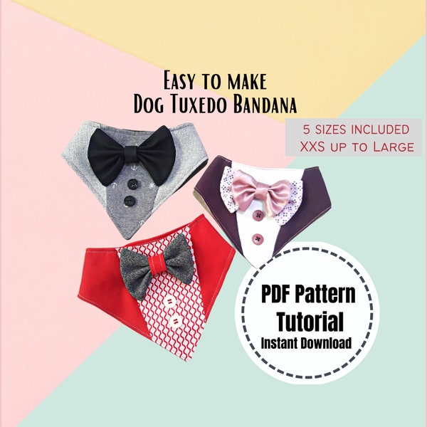 Tuxedo Dog Bandana Cat Wedding Bandana Scarf Formal Wear  XXS Small up to Large sizes  Digital Sewing PDF Pattern Tutorial