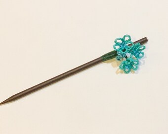 1 pc Chinese Palace Style Hairstick Hair Pick in Wooden Stick with Seed Beads and Crystal Beads Plum Flower Design turquoise blue