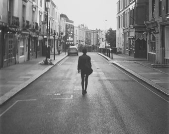 Lonely Girl On Empty Street, Portobello Road, Notting Hill, London Print, Silhouette, City Print, Black And White Photo Print, Unframed