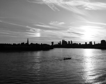 Black And White London Cityscape Photography Print, River Thames, Boat, Sunset, City Scape, Cityscape Wall Art, Cityscape Photo, England