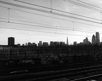 Cityscape Art, City Scape Print, London Skyline, Train Tracks, London Cityscape, London Photography, London Wall Art, Abstract Cityscape