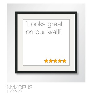 K&ouml;nnte beinhalten: Ein schwarzer Bilderrahmen mit wei&szlig;em Hintergrund und dem Text "Looks great on our wall!" in Schwarz. Unter dem Text befinden sich f&uuml;nf gelbe Sterne.