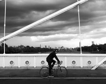 Cycling Print, Cyclist Print, Cycling Artwork, Giclee Cycling Print, Cycling Art, Albert Bridge, London Printable, London Photograph, City